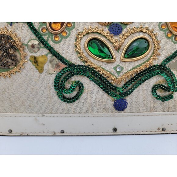 1960s Tote Bag Colins Jeweled Floral Beaded Design Button Closure Wood Bottom - Picture 5 of 16